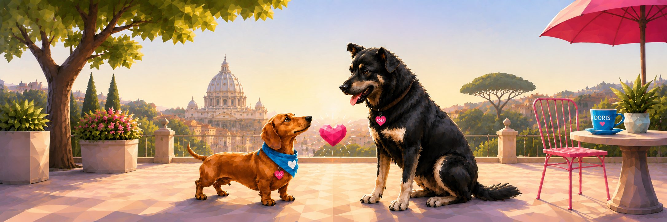 A white Samoyed wearing a Doris heart tag and a golden retriever with a pink bandana, sitting together in a sunlit park