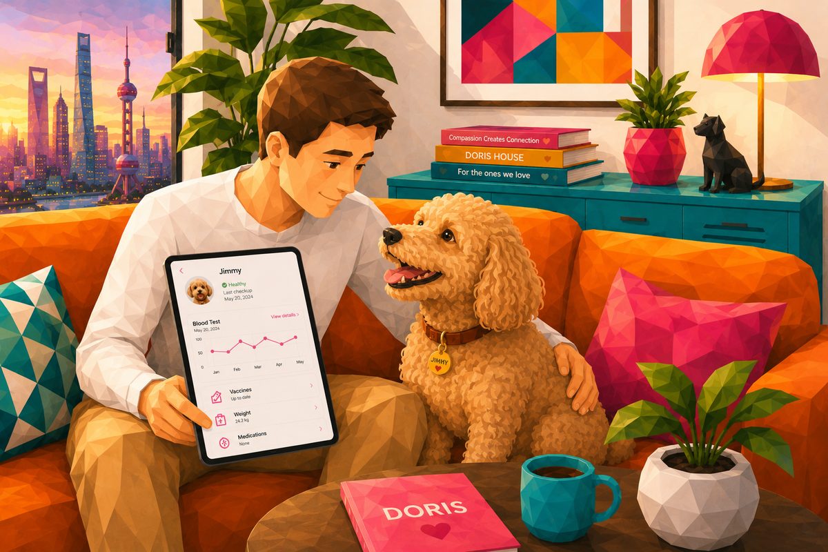A pet owner reviewing their pet's health record with Doris